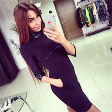 Women Patchwork Red Dress High Waist PU Turtle Neck Black Formal Dress 2016 Winter Dress Fashion Bodycon Causal Wear To Work
