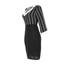 Women Striped Two-tone Dress Robe Sexy V Neck Winter Autumn Dress Black Dress White Collar Zipper Front Office Work Dress