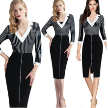 Women Striped Two-tone Dress Robe Sexy V Neck Winter Autumn Dress Black Dress White Collar Zipper Front Office Work Dress