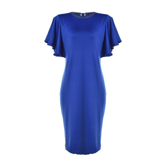 Women Summer Dress Ruffle Butterfly Sleeve Tube Work Dress Red Blue Formal Midi Teacher Dress Wear to Work Plus Size Party
