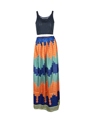 Women Tank Patchwork Women Sexy Two Piece Outfits Set Striped Print Tribal Pattern Beach Long Maxi Sundress Clothes 2016 Boho
