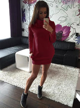 Women Turtle Neck Gray Sexy Mini Dress Red Cotton Causal Home Dress Blue 2015 Winter Dresses With Long Sleeves