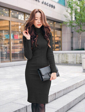 Women Turtle Neck Spring Stretch Black Dress OL Elegant Khaki Office Work Dress Slim Bodycon Dresses With Long Sleeves NEW 2016