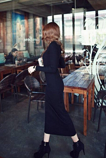 Women Wine Red Long Dress Robe Black Knitted Spring Elegant Stretch Plain Slim Fit Dresses Long Sleeve Bodycon Dress Causal