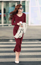 Women Wine Red Long Dress Robe Black Knitted Spring Elegant Stretch Plain Slim Fit Dresses Long Sleeve Bodycon Dress Causal
