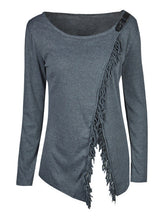 Wool Grey Irregular Full Sleeve Blouses Tassel Solid Patchwork O-Neck Blouse Women Tops For Fall Ladies 2017 Autumn Fashion Top