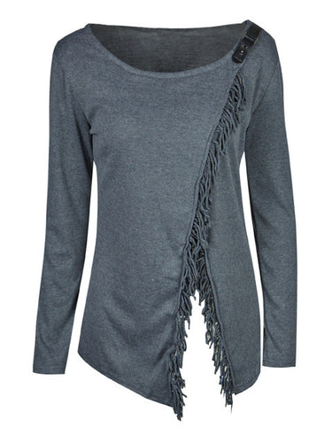 Wool Grey Irregular Full Sleeve Blouses Tassel Solid Patchwork O-Neck Blouse Women Tops For Fall Ladies 2017 Autumn Fashion Top