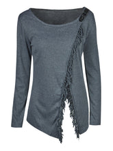 Wool Grey Irregular Full Sleeve Blouses Tassel Solid Patchwork O-Neck Blouse Women Tops For Fall Ladies 2017 Autumn Fashion Top