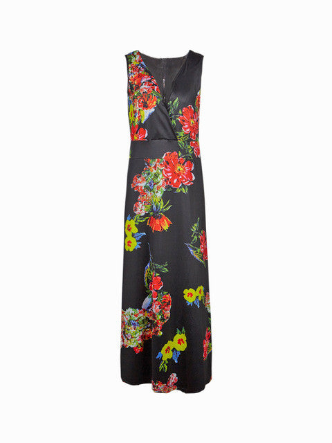 Wrap Low Out V Neck High Waist Floral Print Black Dress Sleeveless Elegant Women Long Maxi Women Dresses New Arrival 2017