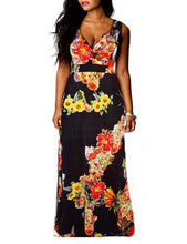 Wrap Low Out V Neck High Waist Floral Print Black Dress Sleeveless Elegant Women Long Maxi Women Dresses New Arrival 2017