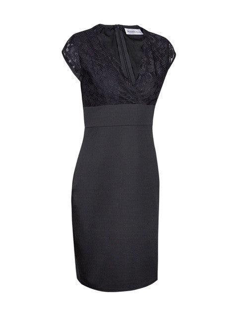 Wrap Neckline Black Floral Lace Pencil Elegant Dress Cap Sleeve V Neck Semi Formal Dress High Waist Bodycon Women Dress 2016