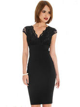 Wrap Neckline Black Floral Lace Pencil Elegant Dress Cap Sleeve V Neck Semi Formal Dress High Waist Bodycon Women Dress 2016