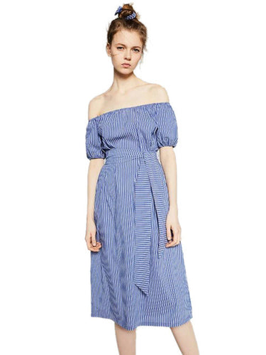 vertical stripe Dress Blue Casual Summer off shoulder Collar dress 2016 Summer Dress New 2016 Women New Style Fashion Dresses